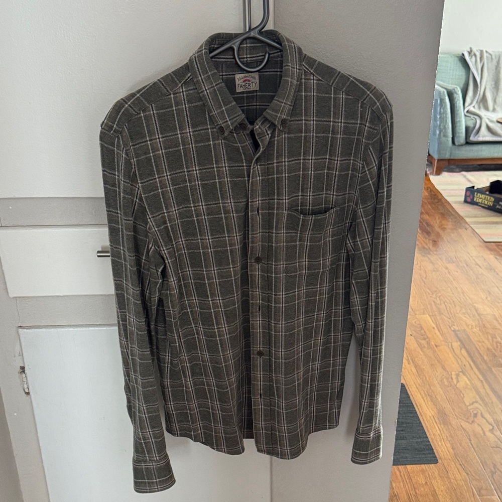 Faherty Olive and White Plaid Button-Down Shirt